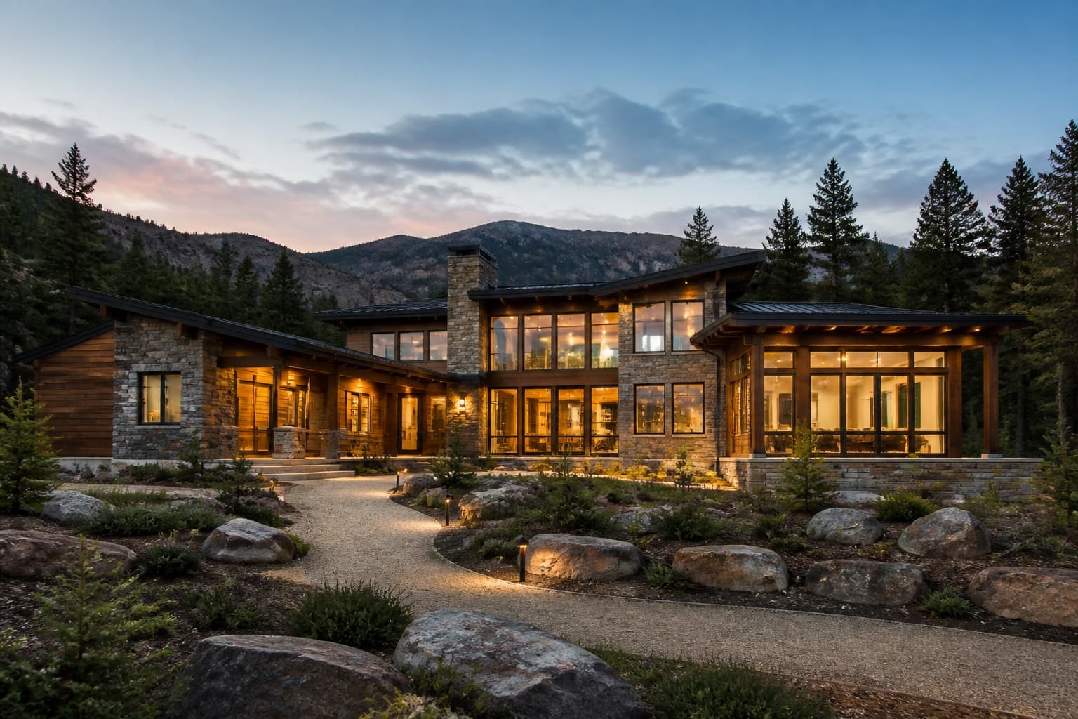 Contemporary mountain home at dusk