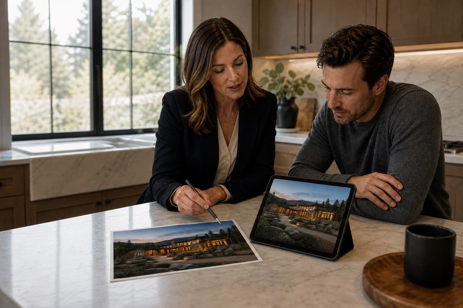 A real estate agent and homeowner reviewing a coordinated listing campaign